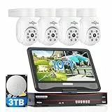 【5MP Auflösung+360°PTZ】 Hiseeu 5MP Überwachungskamera Set Aussen,4X 5MP 360° Überwachung Kamera Aussen mit Bewegungsmelder,Farbe Nachtsicht,2-Wege-Audio,IP66 Wasserdicht,3TB Festplatte Inklusive