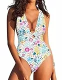 AI'MAGE Badeanzug Damen Einteilig High Waist Bademode V Ausschnitt Sexy Push Up Swimsuit Farbige Blumen B L