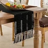 Serento Tischläufer Schwarz Herbst Winter Table Runner Baumwolle Leinen Boho Tischläufer mit Quasten Gehäkelte Häkelspitze Tisch Läufer 30x140cm für Hochzeit Küchen Tabletop Tischdeko Esstisch