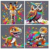 Muyohix 4 Stück Tiere Malen Nach Zahlen Kinder ab 5-10 Jahre Mädchen, Schildkröte Eule Giraffe Dino Malen Nach Zahlen mit Acrylfarben, Pinseln, Handgemalt Ölgemälde für Home Décor, Geschenk-26x26cm, A