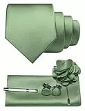 JEMYGINS Herren Krawatte aus Twill mit einfarbigem Design inklusive Pocket Square Manschettenknöpfen Krawattenklemme und Blütenbrosche Geschenkset für Partys Business Hochzeiten Mintgrün 2