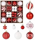 SinLaw Weihnachtsbaumkugeln, 42 Stück Christbaumschmuck, Weihnachtskugeln Kunststoff Set mit Aufhänger Bruchsicher, Rot Orange Weihnachtsdeko für Indoor Outdoor Weihnachtsbaum Deko (Rot Weiß)