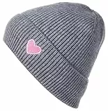 styleBREAKER Damen Strick Beanie mit Herz Stickerei & Fleece Futter | Warme Wintermütze Einheitsgröße 56-59 cm | Weiche gefütterte Beanie Mütze, Farbe:Grau meliert
