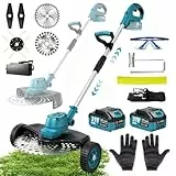 HECUSAM Rasentrimmer Mit Akku für Makita-Akkus, Upgrade 4 in 1 Freischneider Akku mit 2 * 4.0Ah Akku und 4 Arten Klingen, Bürstenloser Motor, mit Seitlichen RäDern füR Einfaches Trimmen Der Kanten.
