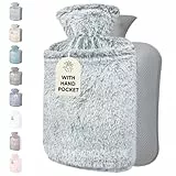 Qomfor Wärmflasche mit weichem Bezug - 2L Wärmeflasche mit Kängurutasche Auslaufsicher - Bettflasche für Erwachsene und Kinder, ideal für Schmerzlinderung - Flauschigem Kuschelbezug (Hellgrau)
