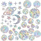 DOPENSPI 45 Stück Prisma Fensteraufkleber, Runde Sterne Mondmuster Suncatcher Sticker Regenbogen Folie Fenster Vogelschutz Fensterfolie Sonnenfänger Fenster