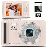 4K Digitalkamera, 64MP 2.8“ UHD Kompaktkameras - Autofokus Wiederaufladbare Vlogging Kamera mit 32GB Karte & Akku, Tragbare Reisekameras mit 16X Digitalzoom für Kinder Anfänger Jugendliche