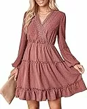 BebreezChic Damen Kleider Langarm V-Ausschnitt Midikleider Jacquard Luftig Dot Tunika Volant Herbstkleid Strandkleider, Dunkelrosa XL