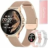 Smartwatch Damen, 1.27' Rund Armbanduhr mit Telefonfunktion, 3 Armbänder, Diamant-Design, 200 Zifferblätter, Herzfrequenz SpO2 Schlaf Menstruationszyklus, 113 Sportmodi iOS Android Gold Geschenkbox