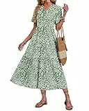 AUSELILY Sommerkleid Damen Midi Freizeitkleider Kurzarm Maxikleider Damen Sommer V Ausschnitt Kleid Lang Leicht und Luftig Elegant mit Taschen Elastischer Taille Oliv Blatt XL