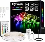 Sylvwin LED Streifen 5m RGB, LED Strip Lichterkette mit Fernbedienung,LED Stripes Lichtband Selbstklebend mit 16 Farbwechsel,4 Modi für Zuhause,Schlafzimmer,TV,Schrankdeko, Party,SMD 5050 LED Bänder