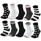 Cirorld Socken Damen 10 Paar，Bunte Baumwollsocken 39-42, Lange Strümpfe, Atmungsaktiv & Bequem, Winter Sportsocken, Streifen Punkte Muster Valentinstag-Geschenk für sie