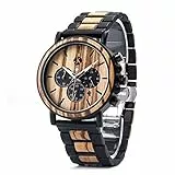 Kim Johanson Herren Holz-Edelstahl Armbanduhr *Military* in Hellbraun Chronograph mit Stoppuhr & einem Gliederarmband Handgefertigt Quarz Analog Uhr inkl. Geschenkbox