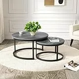 Hawthyhome wohnzimmertisch aus Holz mit Metallrahmen, couchtisch 2er Set & Moderner Beistelltisch Kaffeetische für Wohnzimmer Schlafzimmer, rund Satztisch Grau