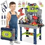 Kinderplay Kinder Werkbank 132 TLG mit Werkzeugset und Bohrmaschine, Werkstatt für Kinder ab 3 Jahren, 2 in 1 Werkbank Koffer, Werkzeugbank Spielzeug für Jungen und Mädchen