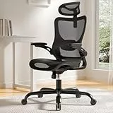 Marsail Bürostuhl Ergonomisch mit Hoher Netzrückenlehne, Adaptiver Lendenwirbelstütze, 2D-Kopfstütze, 3D-Klapparmlehnen, Höhenverstellung und Wippneigung, Schwarz