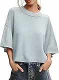 Saodimallsu Damen Pullover Kurzarm Rundhals Oversized T-Shirt Sommer Leicht Fledermausärmel Strickpullover Einfarbig Elegante Oberteile Tops Hellgrau S