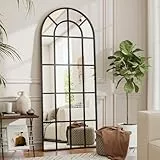 Koonmi 60x165 cm Fensterscheibe Gewölbter Ganzkörperspiegel - Raster-Designed Dekorative Vollkörper Wandspiegel mit Metallrahmen hängend Schrägung für den Eingang, Wohnzimmer Dekoration, Schwarz