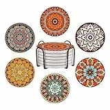 Boho Mandala Keramik Untersetzer, 6er Set Getränkeuntersetzer mit Metallhalter, saugfähige runde rutschfeste Getränkebecher Cup Coaster Housewarming Room Bar Mode Dekoration Geschenk