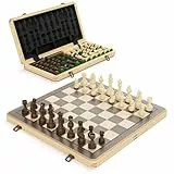 38 cm Holz Klapp-Schach- und Dame-Set, 2-in-1 Brettspiel, 7,6 cm König Staunton Figuren, 2 zusätzliche Damen (Black)