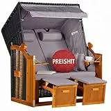 MR. DEKO® Strandkorb Ostsee Volllieger 2-Sitzer | PE Geflecht Schwarz Bezug Uni grau | inkl. 4 Kissen & Klapptisch | Strandstuhl verstellbar | Strandkörbe aus Hartholz mit Fußablage (Dessin Uni Grau)
