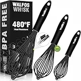 Walfos® Schneebesen Set,Rührbesen 3 Stück Schneebesen Silikon 21cm, 23cm, 28cm,Edelstahl Rührbesen Silikondrähte für Mischen, Eiern, Aufschäumen, Schlagen, Aufschäumen und Rühren,Schwarz