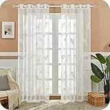 MRTREES Gardine aus Voile Vorhang Blumen Vorhänge mit Ösen Gardinenschals in Leinenoptik Gardinen kurz Stickerei Weiß 225×140cm (H × B) für Wohnzimmer Schlafzimmer Kinderzimmer 2er-Set