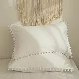Freyamy Kissenbezug 40x80cm 2er Set Weiß Pom Pom Boho Kopfkissenbezug Mädchen Quaste Chic Kissenhülle Gewaschene Microfaser Unifarben Kissenbezug mit Reißverschluss