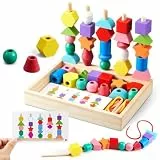 Montessori Spielzeug ab 3 4 5 Jahre Motorikspielzeug Fädelspiel Bausteine Sortierspiel für Kinder, Holz StapelspielFeinmotorik Lernspiele Geschenk für Baby Junge Mädchen （Mit Aufbewahrungsbox）