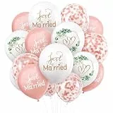Ovanda 24 Stück Luftballons Hochzeit Deko, Just Married Ballon Weiß Rosa Transparent mit Konfetti, Herzen Eukalyptus Hochzeitsballons für Standesamt Deko Heiratsantrag Verlobung Deko Hochzeit