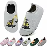 VOLHAL Hausschuhe Kinder Junge Mädchen Atmungsaktive Rutschfest turnschläppchen Leicht Barfussschuhe für Kindergarten und Indoor,Bagger Grau25 EU