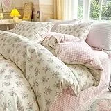 Sedefen Bettwäsche 155x220cm Weiß Rosa Blumen Kariert Wendebettwäsche Set Floral Blätter Pflanzen Weiche Mikrofaser Bettwaren-Sets ÖKO-TEX Bettbezug mit Reißverschluss und 1 Kissenbezug 80x80cm