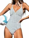 CUPSHE Damen Badeanzug Triangel V Ausschnitt Monokini Bauchweg Streifenmuster Einteilige Bademode Swimsuit Streifen L