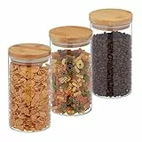 Relaxdays Vorratsgläser mit Bambusdeckel, 3er Set, runde Vorratsdosen aus Glas, 1000 ml, luftdicht, transparent/natur, 18 x 10 cm