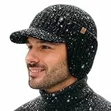 TOP-EX DryKnit™ XL/XXL wasserdichte 80% Merinowolle Schirmmütze Herren Großer Head, Winter Strickmützen Beanie Cap, Warm Winddicht Wintermütze mit Fleecefutter und Ohrenklappen für Ski Golf, Schwarz