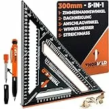 THORVALD Zimmermannswinkel 5-in-1 300 mm Winkelmesser Anschlagwinkel - Inkl. Tieflochmarker - Aluminiumwinkel zum präzisen Anreißen & Zeichnen/Multifunktional Perfekt um Zeit zu sparen