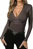 Wenrine Damen Pullover Tiefer V-Ausschnitt Wickel Strickpullover Sexy Herbst Pulli Slim Fit Winter Oberteile, Kaffee, XL