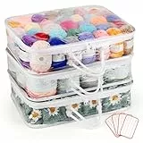 Coopay 3 Stück Transparenter Garn Aufbewahrungs Organizer, Tragbare Garnaufbewahrung, Staubdichte Wolle Aufbewahrung mit 4 Etiketten, Garnaufbewahrung mit Reißverschlüssen und Griff (40 x 30 x 10cm)