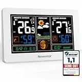 Newentor Wetterstation Funk mit Außensensor - Funkwetterstation mit Wettervorhersage, Temperaturwarnung, DCF Funkuhr - Batteriebetrieb und Netzbetrieb, Weiß, 1 Außensensoren