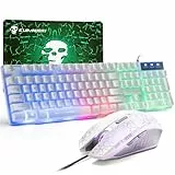 Gaming-Tastatur und Maus-Set, 104 Tasten Rainbow Backlit QWERTY UK Layout-Tastatur + 2400 DPI 4 Tasten Atemmaus + Mauspad-Kombination, USB-Kabel Kompatibel mit PS4 Xbox (Need Adapter) Weiß