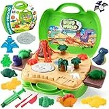 VBACALA Dinosaurier Knete Set,32-teiliges Kinderknete Set mit Handkoffer,5 Dinosaurier Formen,Vulkan,10 Bunte Knetmasse&Knetwerkzeug,Dino Spielzeug Geschenk für Kinder Knete ab 3 Jahre,Jungen&Mädchen