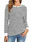 Totatuit Pullover Damen Streifen Rundhals Langarm Bluse Lässig Sweatshirt Y2K Oberteile Herbst Winter T-Shirts mit Rundhalsausschnitt Locker Tops Schwarz L