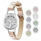 Flongo Aromatherapie Lederarmband Damen-Armband, Leder Armband Armreif Aroma Locket Diffuser Duftstofflocket mit Farbigen Filz-Pads ätherisches Öl Diffusor für Frauen