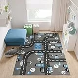 TAPISO Pinky Teppich Kurzflor Kinderteppich Kinderzimmer Grau Blau Schwarz Weiß Pastellfarben Modern Straße Spielteppich ÖKOTEX 160 x 220 cm