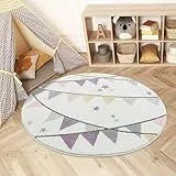 carpet city Teppich Kinderzimmer 160 cm Rund - Kinderteppich Creme, Lila - Wimpel, Sterne - Spielteppich Kinder - Babyzimmer Deko