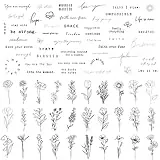 Esland Realistische Temporäre Tattoos 60 Blatt Winzige Kleine Abnehmbare Tattoos, 30 Stück Inspirierende Zitate Worte Tattoo, 30 Stück Wilde Blumen Ink Line Botanische Blumenblätter Tattoo Aufkleber