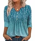 WIHOLL Damen-T-Shirt mit 3/4-Ärmeln, V-Ausschnitt, geschwungener Saum, A-blauer Farbverlauf, 48-50