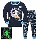 Codkkre Schlafanzug Jungen Kinder Pyjama Junge Weltraum Planet Langarm Baumwolle Winter Weihnachten Nachtwäsche Gr.122, Im Dunkeln leuchten/Weltraum
