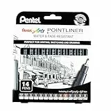 Pentel Pointliner YS20P-14 Set Fineliner inkl 2 Kalligraphiespitzen, wasserfest und lichtecht, 0,03 mm bis 3,0 mm, 14 Stück