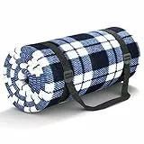 HUTHIM Picknickdecke 200x200cm, Stranddecke Wasserdicht Sandfrei Outdoor Decke Waschbar XXL Picknickdecken, Faltbar Strandmatte mit Schultergurt, ideal für Strand Park (Blaues-Weiß-Gitter)